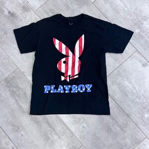 Playboy T-Shirt Mens Size S Black Red White Blue American Flag‎ Bunny Logo